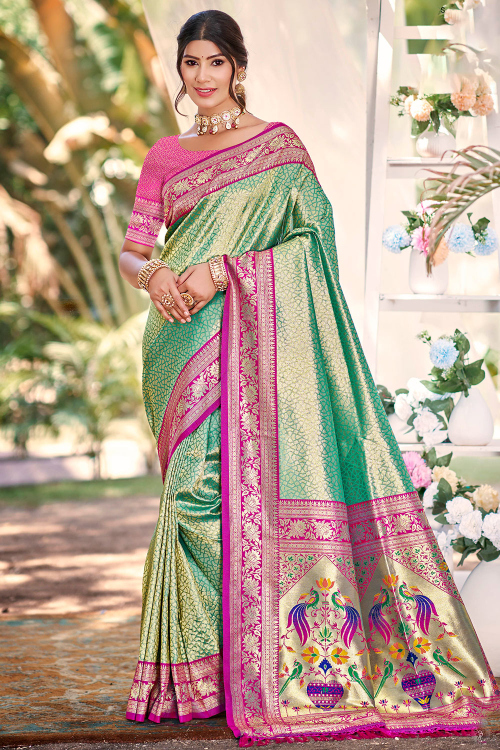 Persian Green Art Silk Broad Border Saree With Weaved Work For Mehndi