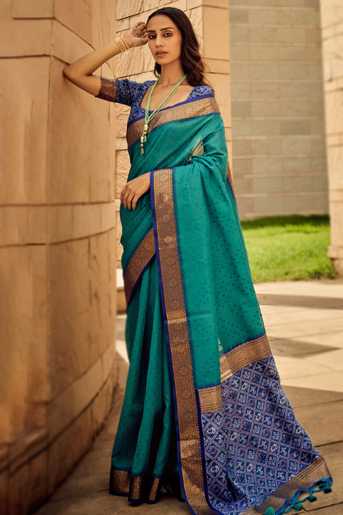 Persian Green Bandhej Weaved Silk Saree For Mehndi 