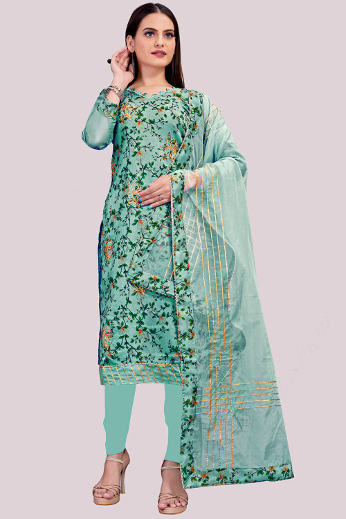 Persian Green Chanderi Silk Embroidered Churidar Suit