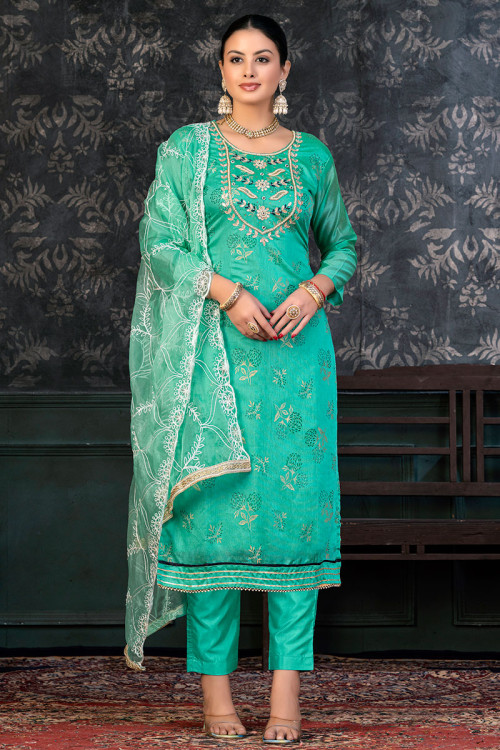 Persian Green Chanderi Silk Printed Trouser Suit For Mehndi