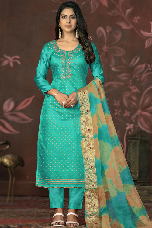 Persian Green Chanderi Weaved Zari Straight Cut Trouser Suit 