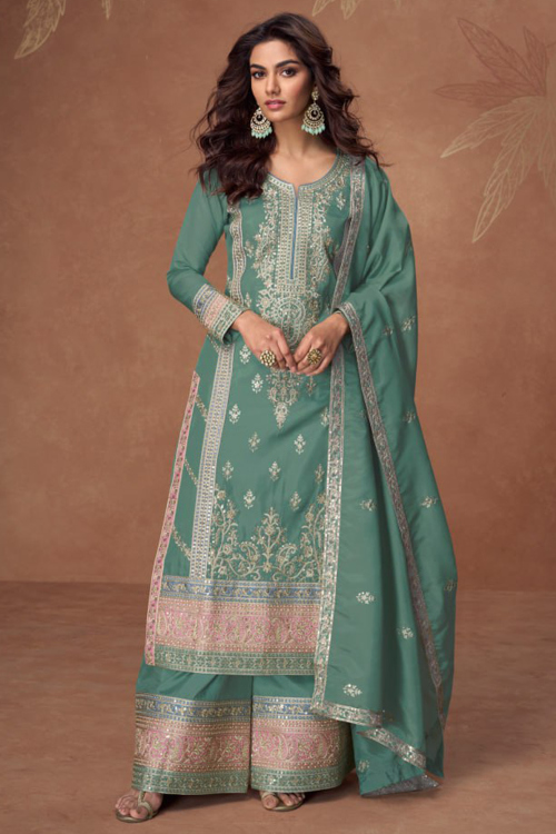 Persian Green Chinnon Palazzo Suit With Zari Work For Mehndi