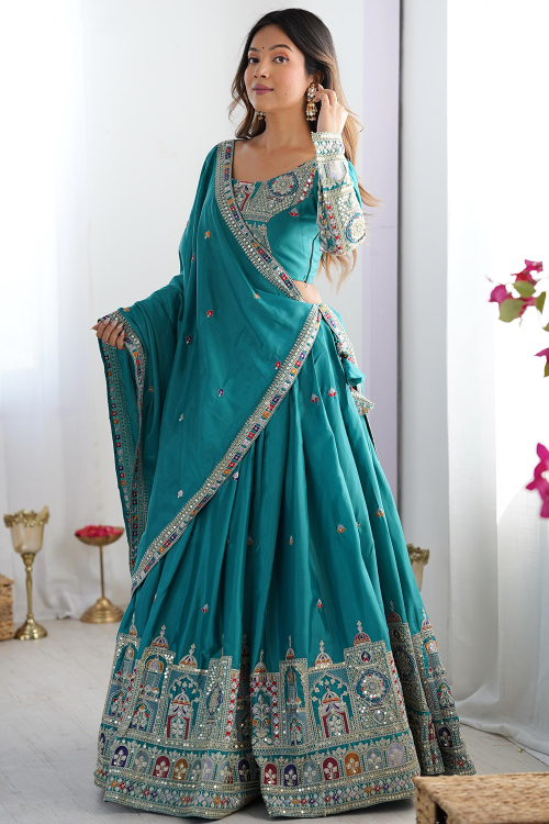 Persian Green Cotton Silk Lehenga with Zari Work for Diwali