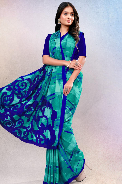 Persian Green Crepe Printed Floral Saree 
