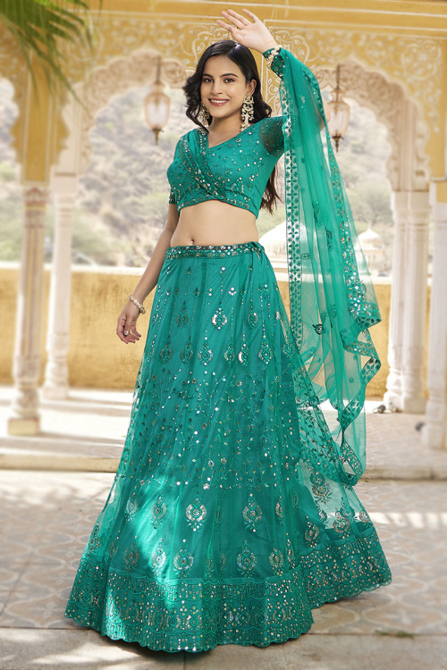 Persian Green Embroidered Net Flared Style Lehenga