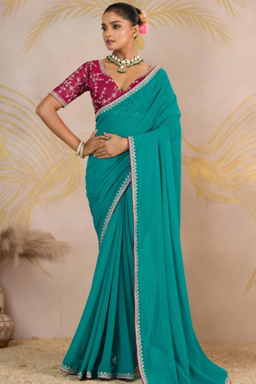 Persian Green Georgette Lace Light Weight Saree 