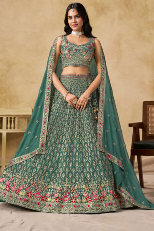 Persian Green Georgette Lehenga With Sequins Work For Festival