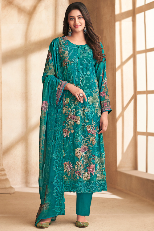 Persian Green Georgette Printed Straight Cut Trouser Suit 