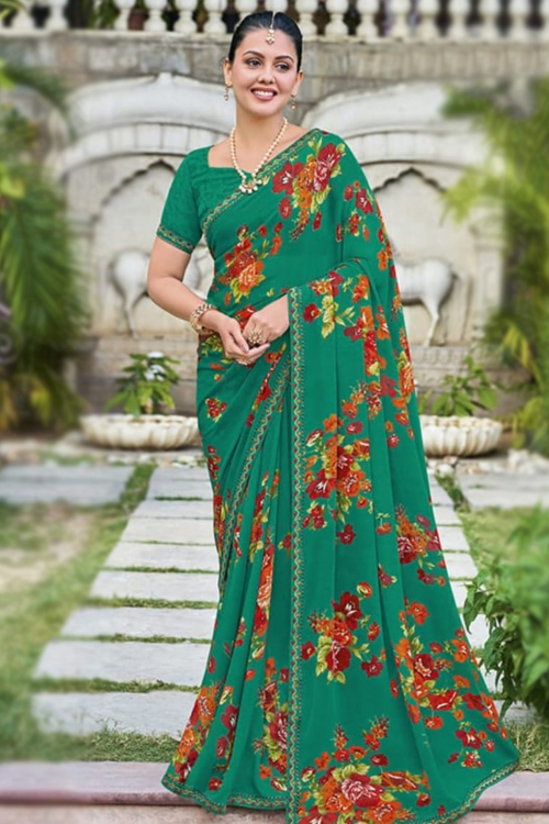 Persian Green Georgette Saree With Printed Work For Casual Wear