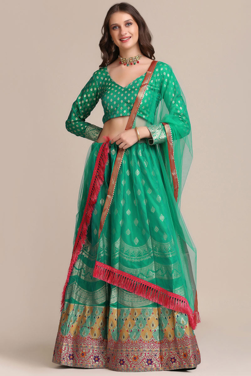 Lehenga in Persian Green Jacquard for Party Wear with Zari Work