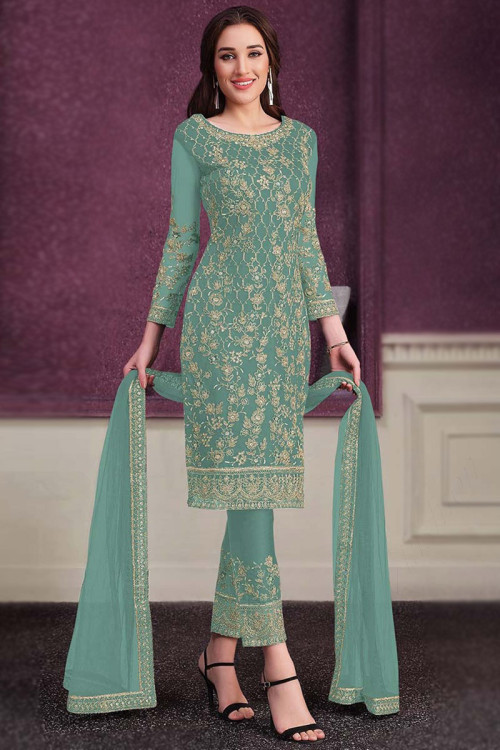 Persian Green Net Embroidered Trouser Suit