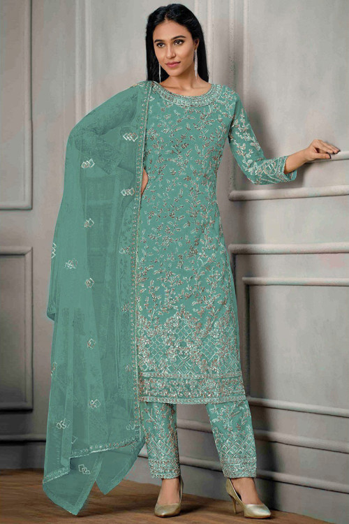 Persian Green Net Embroidered Trouser Suit For Eid