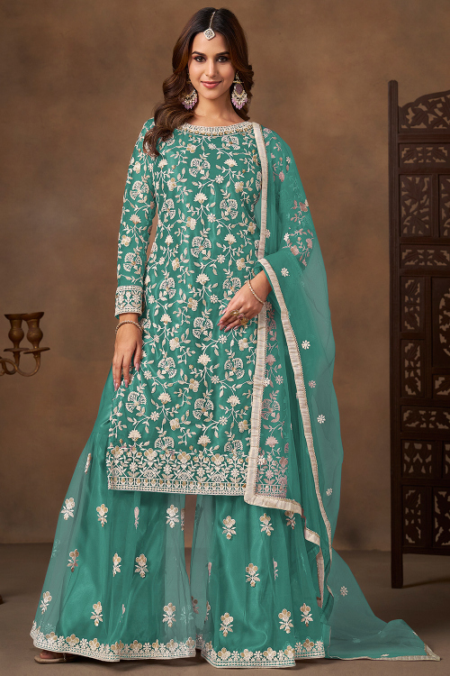 Persian Green Net Sharara Suit with Sequins Work for Festival