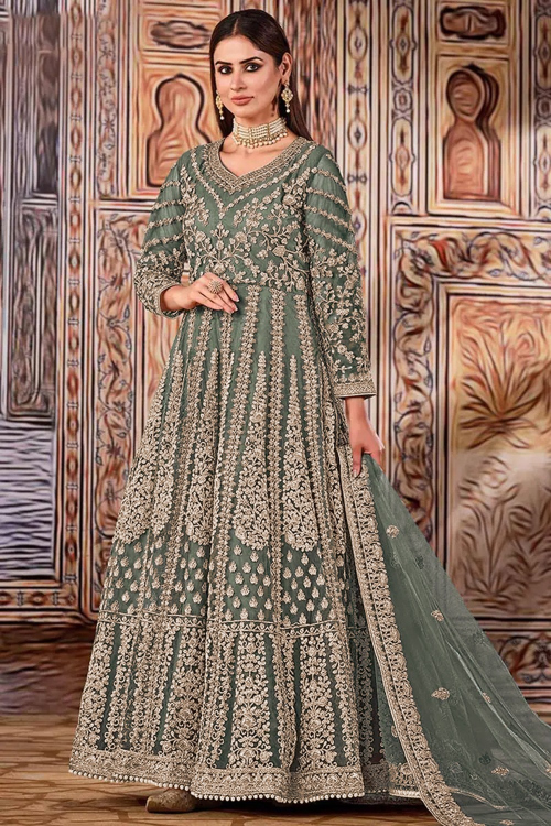 Buy Anarkali Gown Green Embroidered Pakistani Wedding Clothing Online for  Women in USA