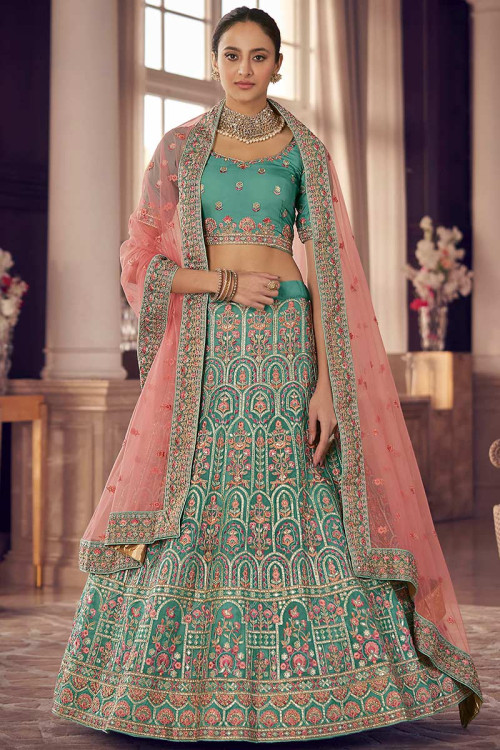 Sequins Embroidered Silk Green Pakistani Bridal Wear Lehenga