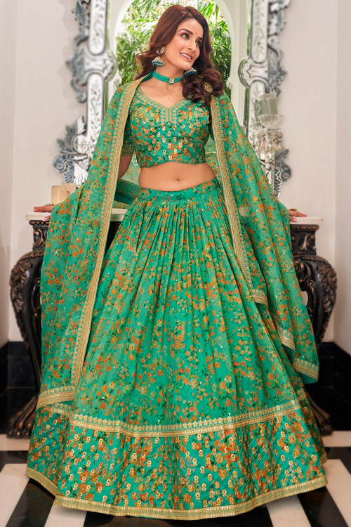 Persian Green Organza Floral Print Lehenga Choli For Mehndi