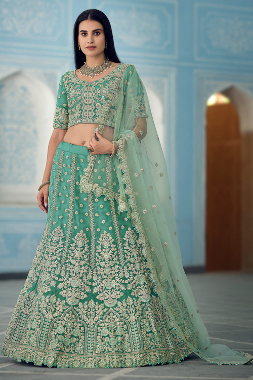 Persian Green Organza Zari Embroidered Panelled Lehenga