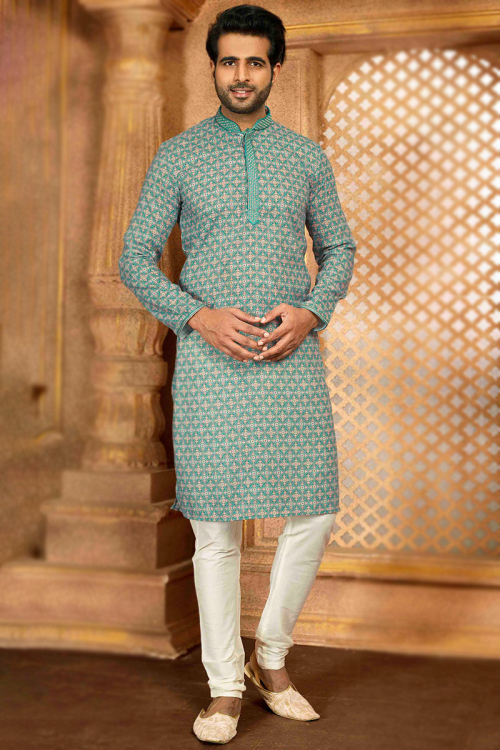 Persian Green Poly Cotton Printed Straight Cut Men's Kurta Churidar 