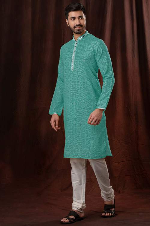 Persian Green Poly Cotton Straight Cut Men Kurta Pajama