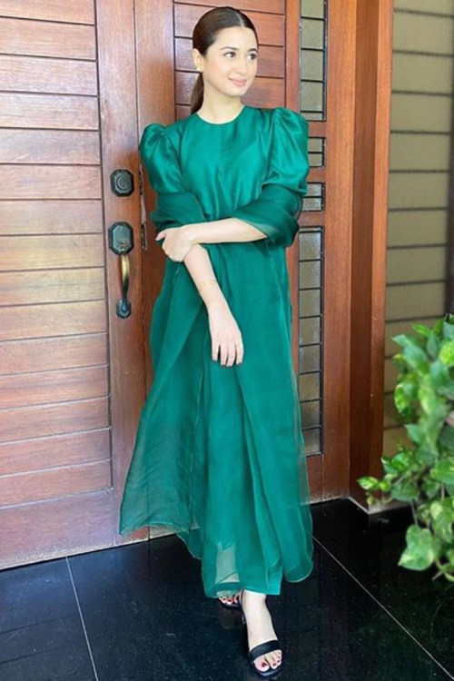 Persian Green Satin Plain Eid Trouser Suit