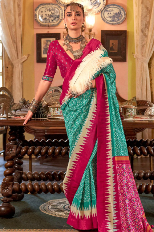 Persian Green Silk Blend Saree With Printed Work For Festival