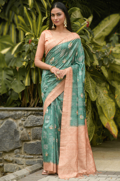 Silk Persian Green Printed Saree for Party 