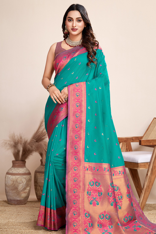 Persian Green Silk Woven Zari Saree for Special Occasions
