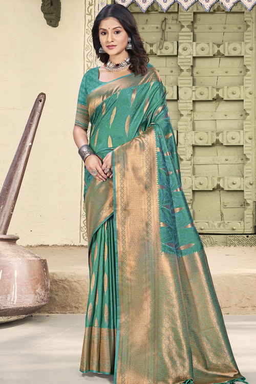 Persian Green Silk Saree with Zari Woven Broad Border for Weddings