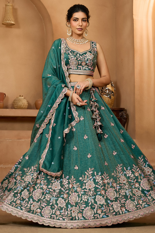 Persian Green Tissue Resham Thread A Line Lehenga