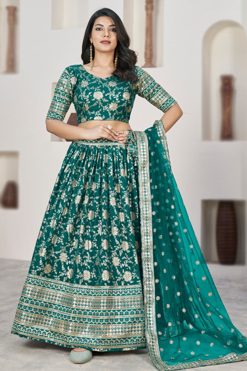 Persian Green Woven Zari Silk Flared Style Lehenga 
