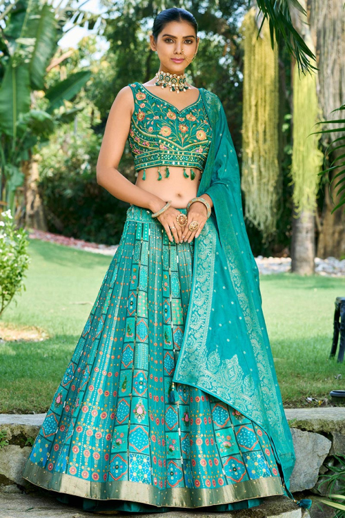Persian Green Woven Zari Silk Panelled Lehenga 