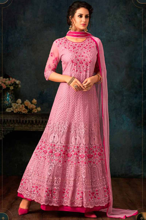 Net Anarkali Suit In Pink Color 