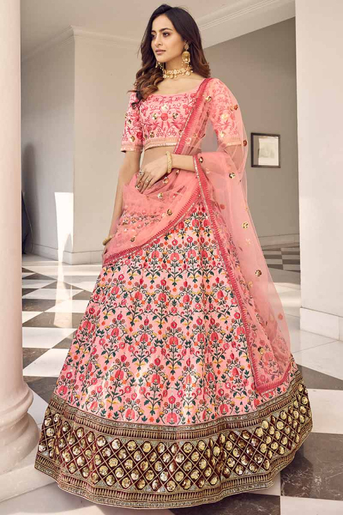 Pink Art Silk Floral Embroidered Lehenga