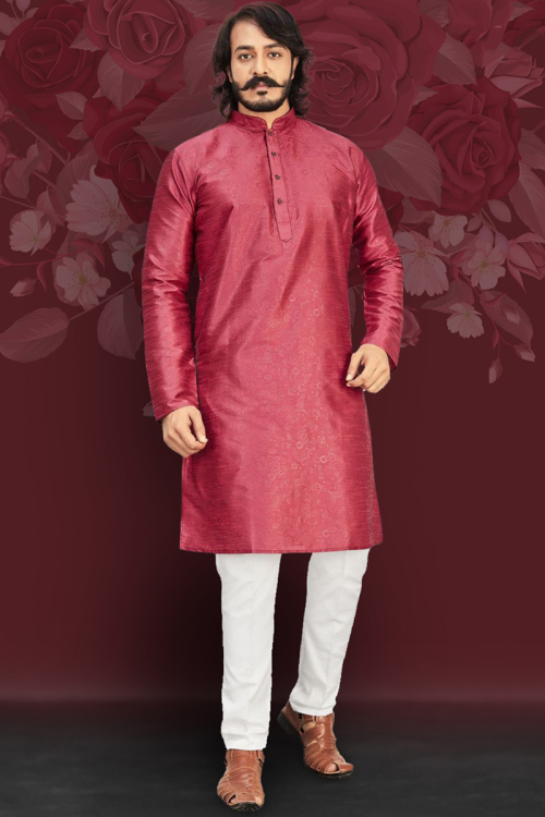 Dark Pink Art Silk Readymade Kurta Pajama for Wedding Party