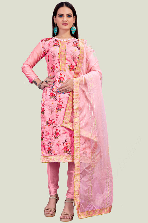Pink Chanderi Churidar Churidar Suit