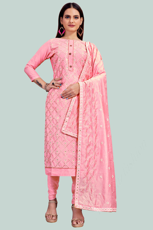 Pink Chanderi Straight Cut Churidar Suit