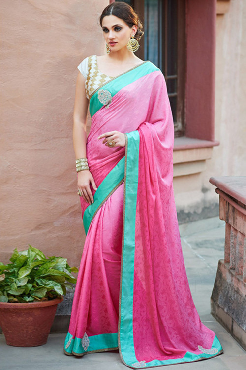 Pink Chiffon Indian Saree With Brocade Blouse