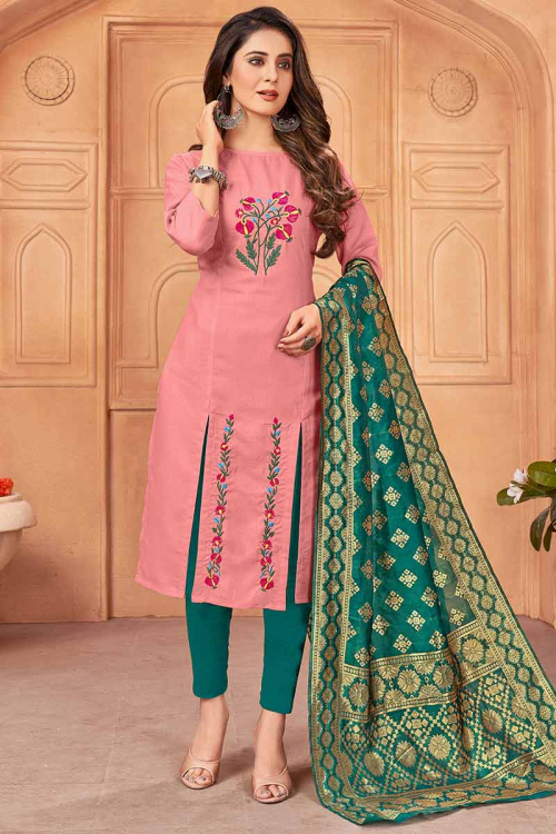 Salmon Pink Cotton Embroidered Wedding Trouser Suit