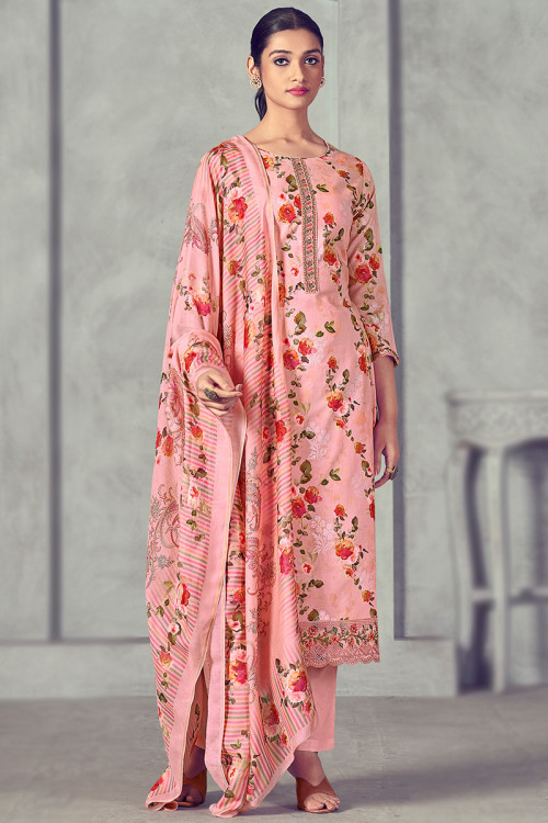Pink Cotton Printed Trouser Suit 