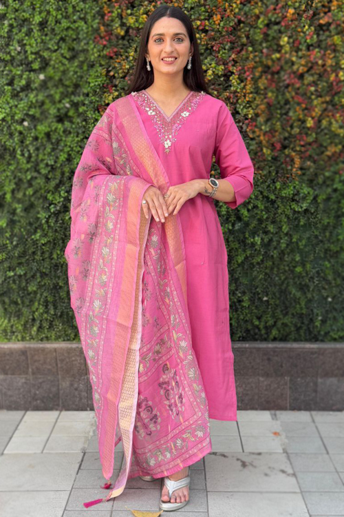 Pink Cotton Silk Trouser Suit With Sequins Work For Festival