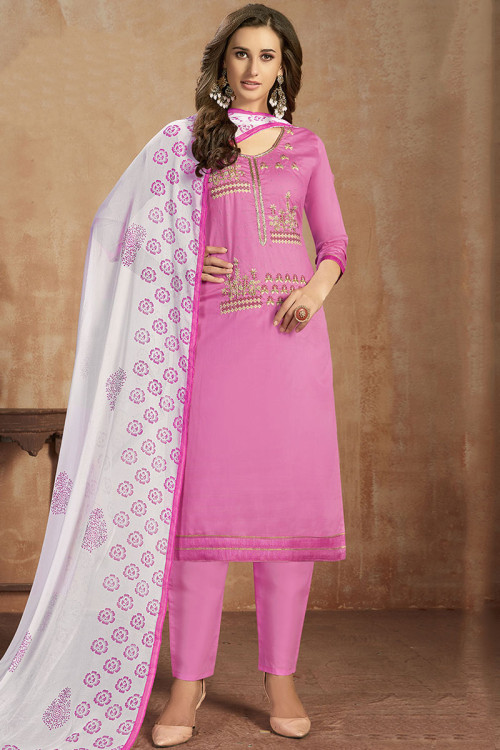Pink Cotton Straight Pant Suit With Resham Work
