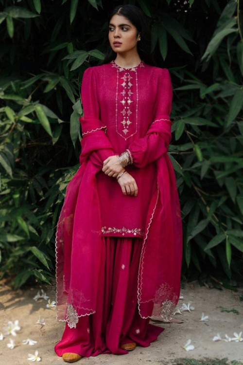 Ruby Pink Crepe Straight Cut Sharara Suit