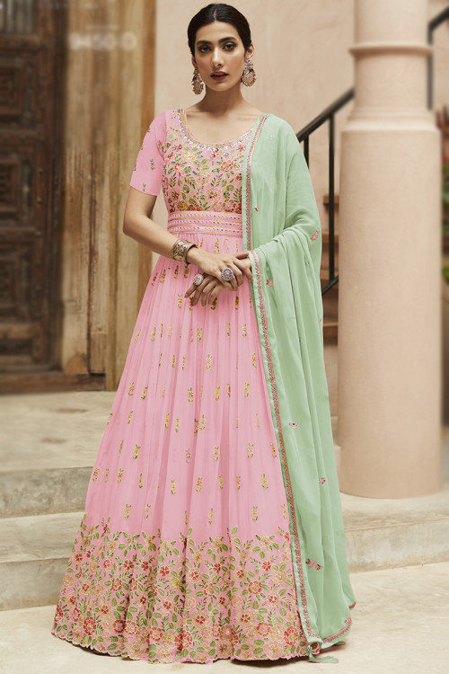 Buy Desi Noor Plus Size Floral Sky Blue Printed Layered Anarkali with  Leheriya Dupatta (Set of 2) online