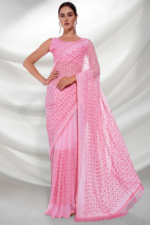 Pink Woven Georgette Saree for Sangeet