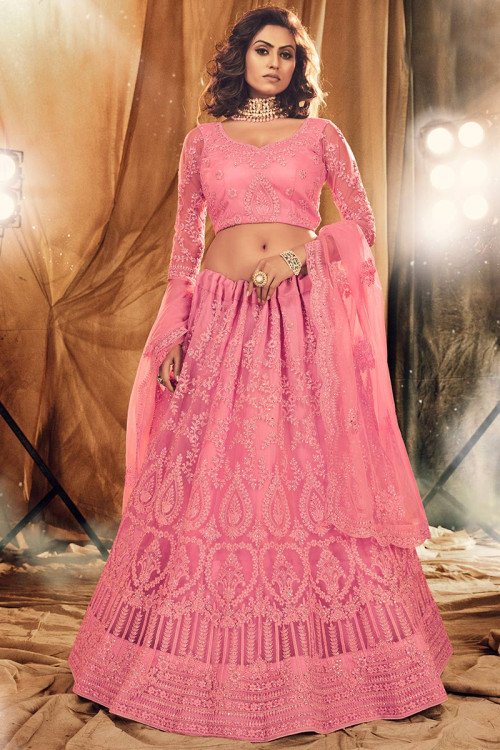Net Lehenga with Stone Embroidery in Pink for Wedding 