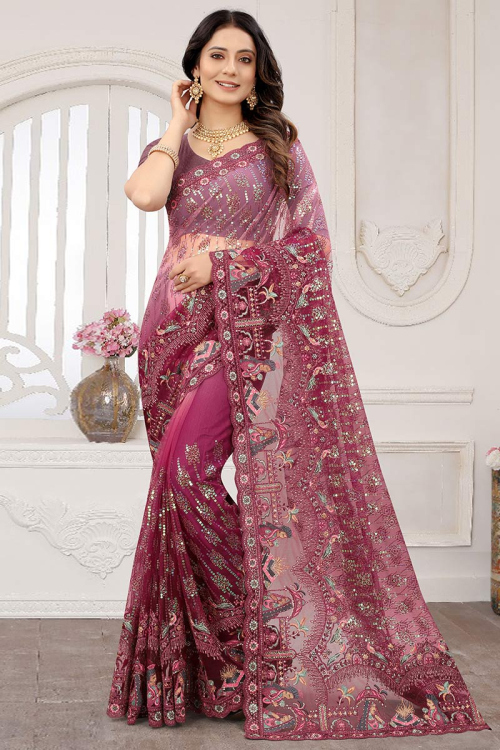 Pink Net Embroidered Saree