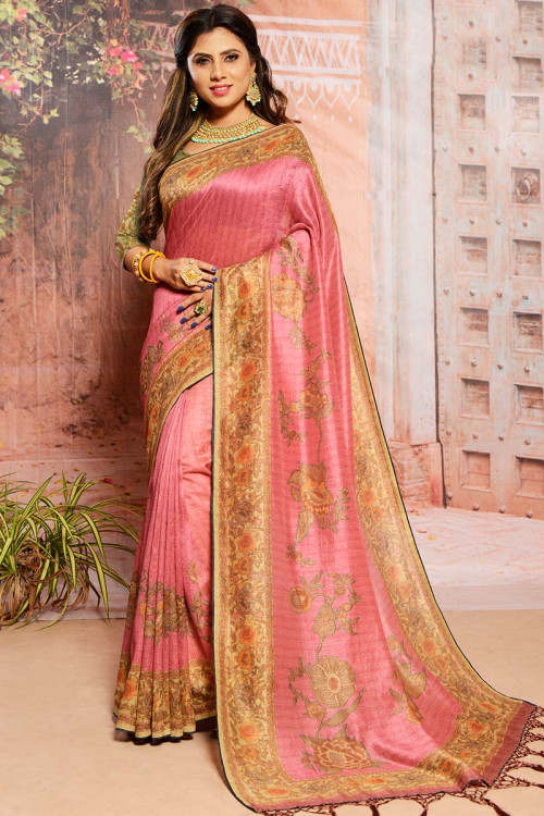 Pink Raw Silk Wedding Saree With Raw Silk Blouse