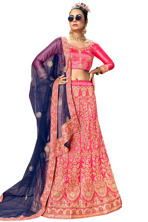 Pink Satin A Line Embroidered Lehenga