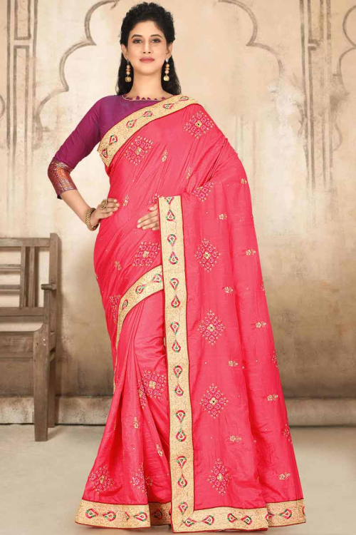 Pink Art Silk Embroidered Saree