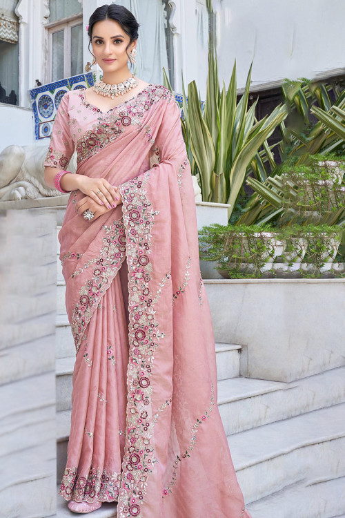 Pink Sequins Embroidered Satin Heavy Saree